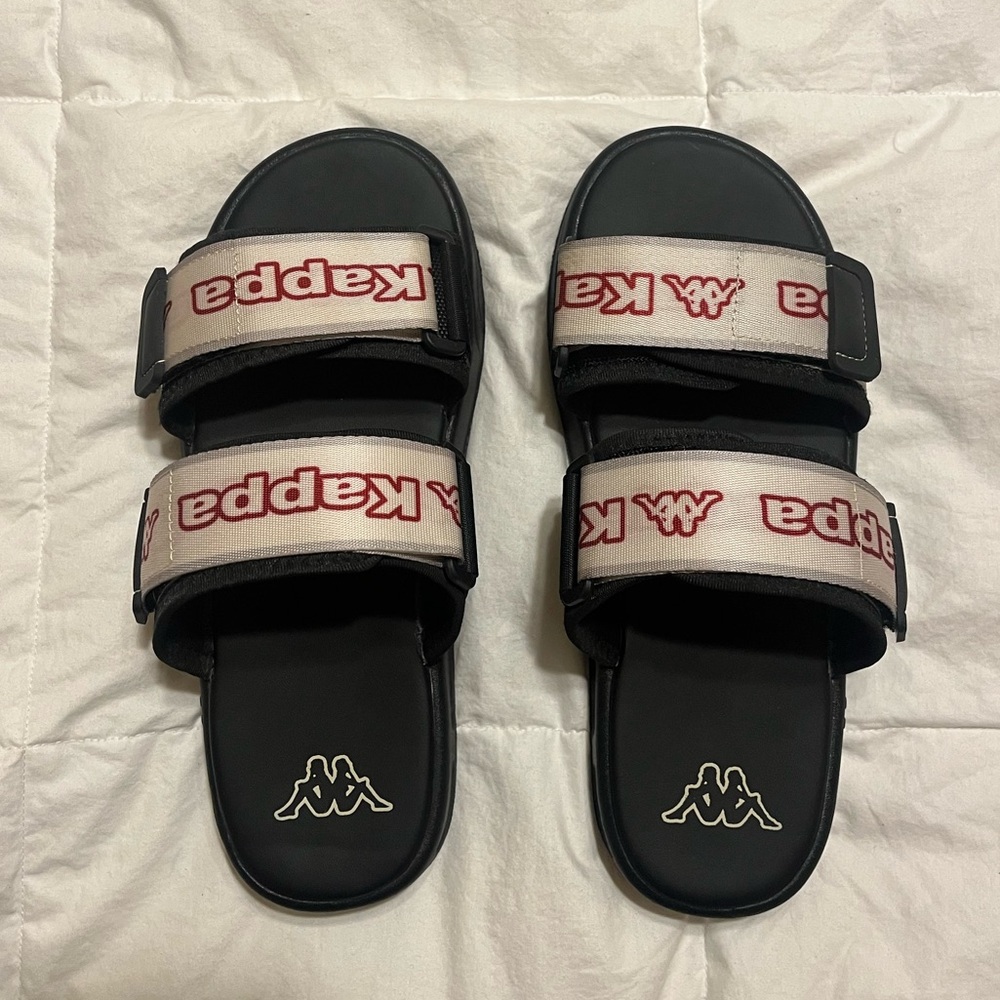 Kappa Logo Kalente Black with white and red Slides Sandals Unisex Mens 9